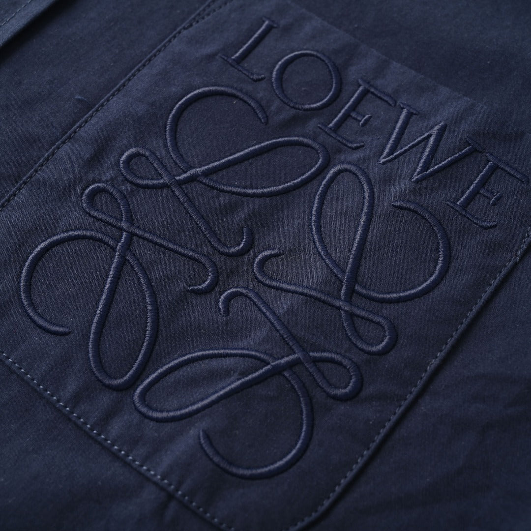 Loewe Anagram Embroidered Cotton Long Sleeve Shirt in "Navy"