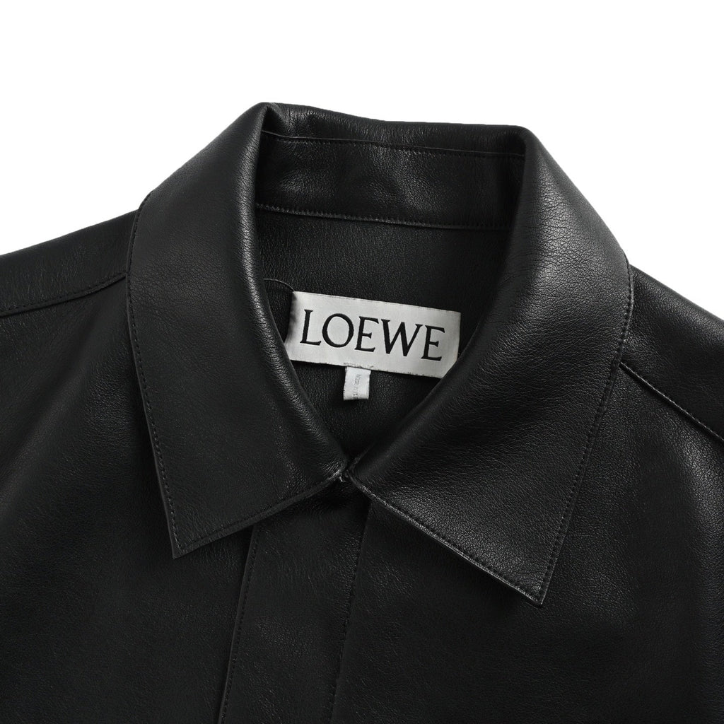 Loewe Anagram Embossed Leather Overshirt Jacket in "Black"