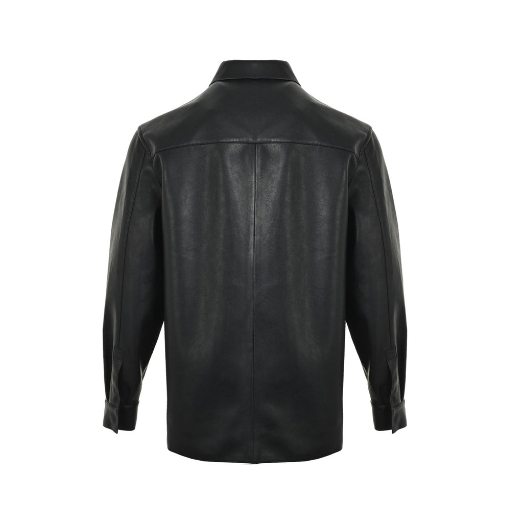 Loewe Anagram Embossed Leather Overshirt Jacket in "Black"