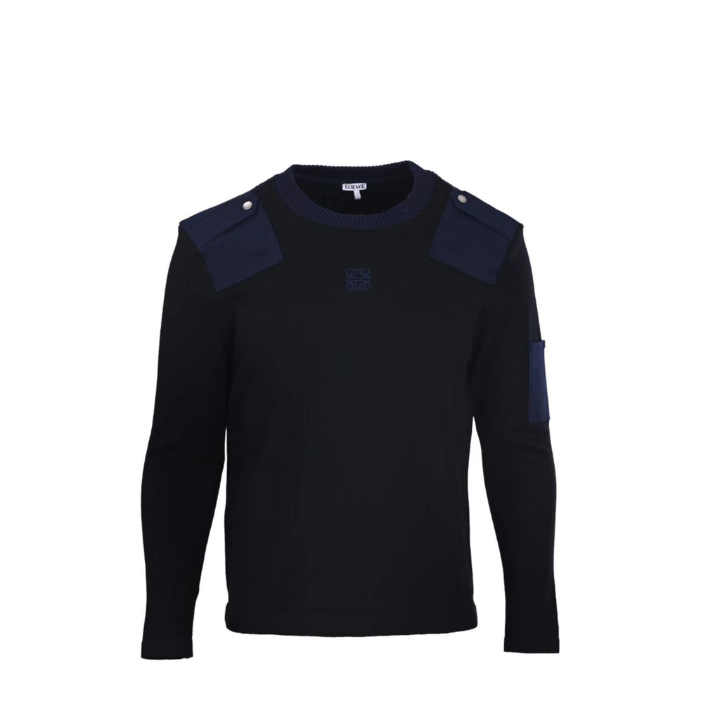 Loewe Anagram Contrast Panel Ribbed Sweater in "Black & Navy Blue"