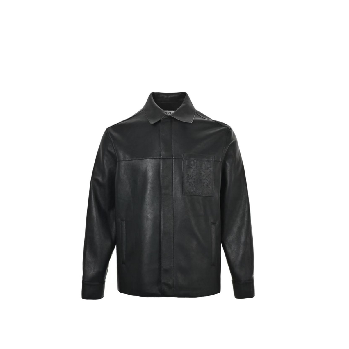 Loewe Anagram Embossed Leather Overshirt Jacket in "Black"
