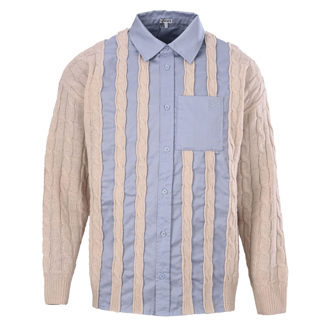 Loewe Anagram Cable Knit Panel Shirt in "Light Blue & Beige"