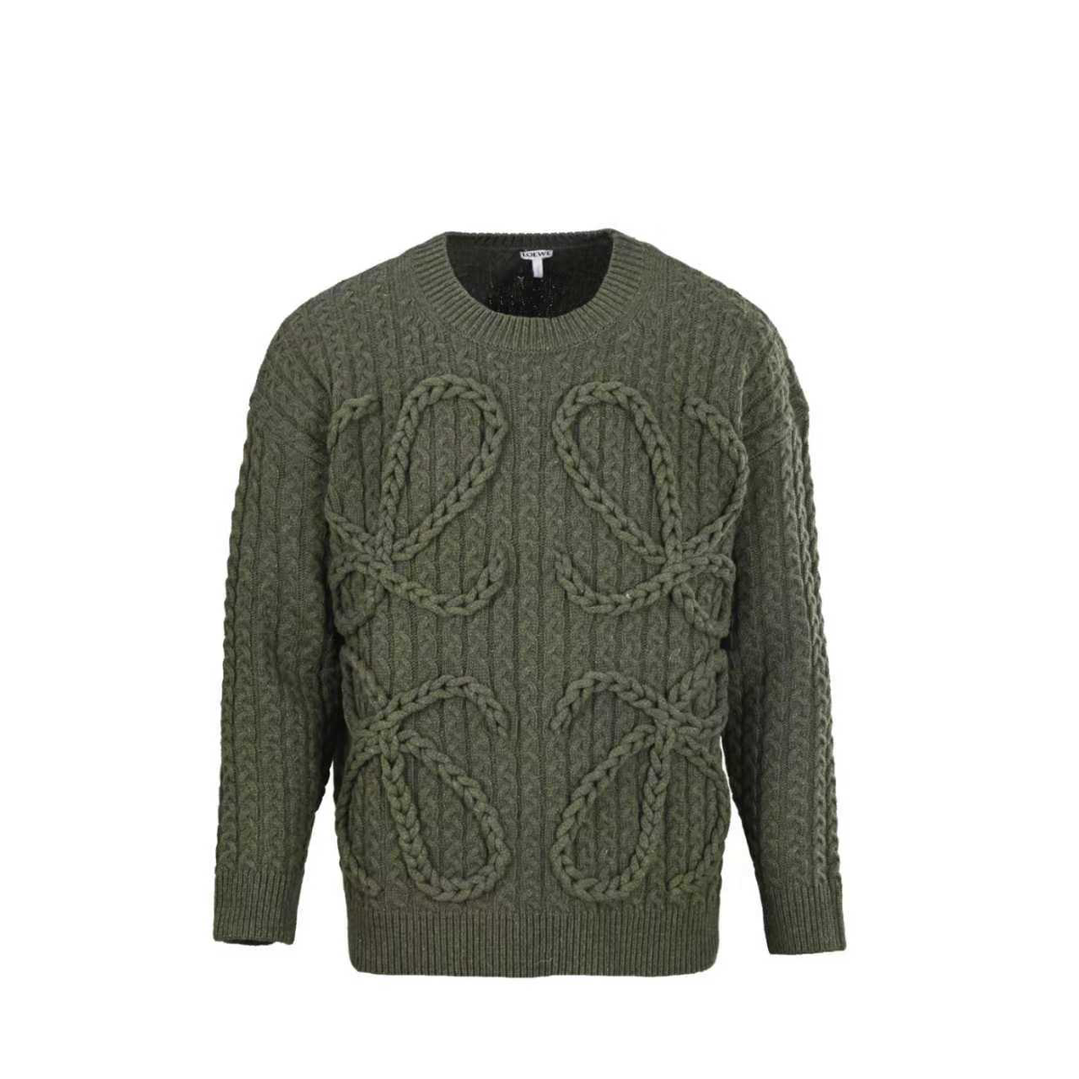 Loewe Anagram Cable Knit Sweater in "Olive Green"