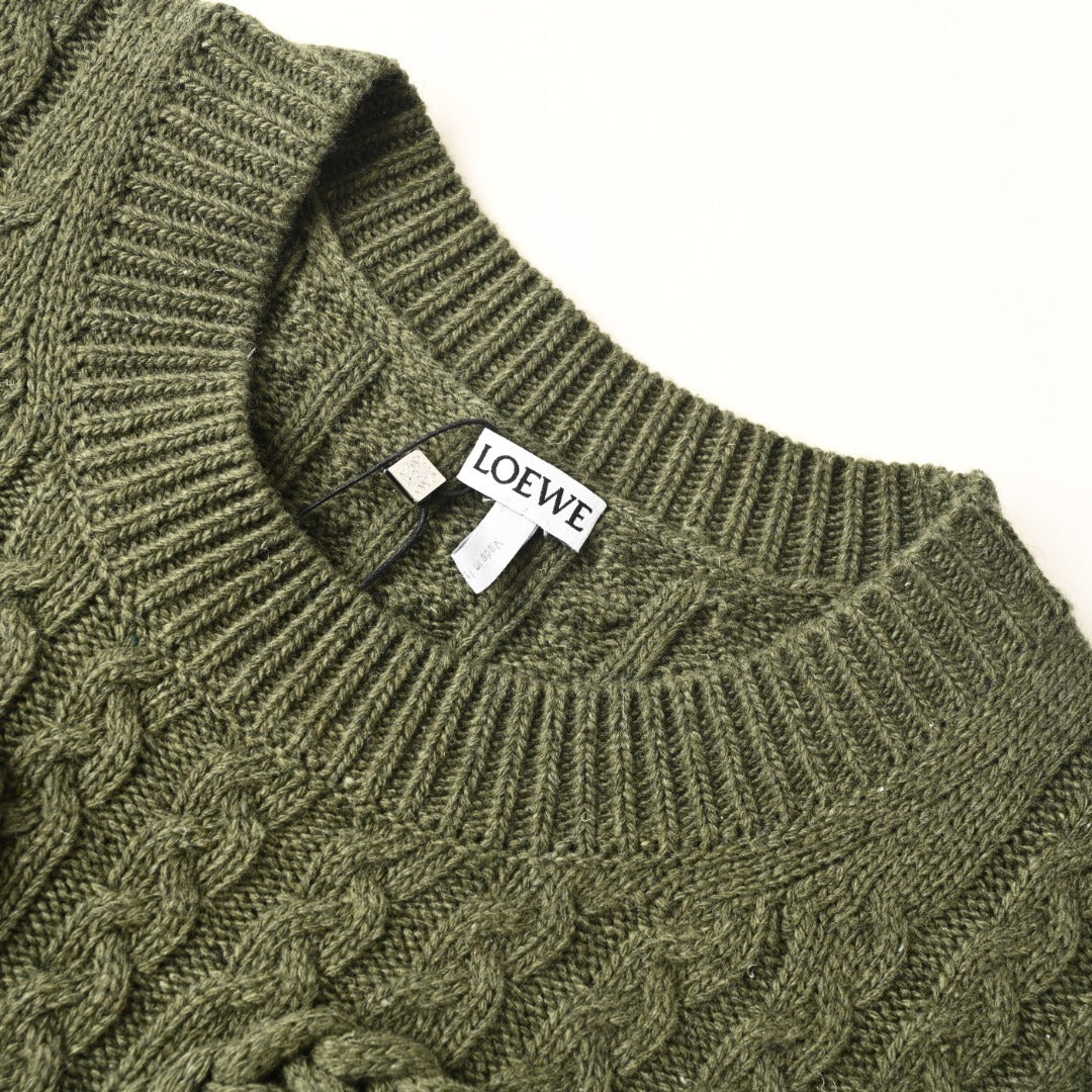 Loewe Anagram Cable Knit Wool Sweater in "Olive Green"