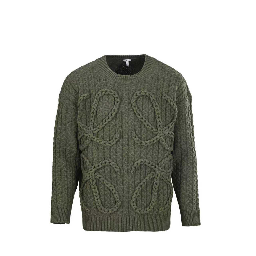 Loewe Anagram Cable Knit Wool Sweater in "Olive Green"